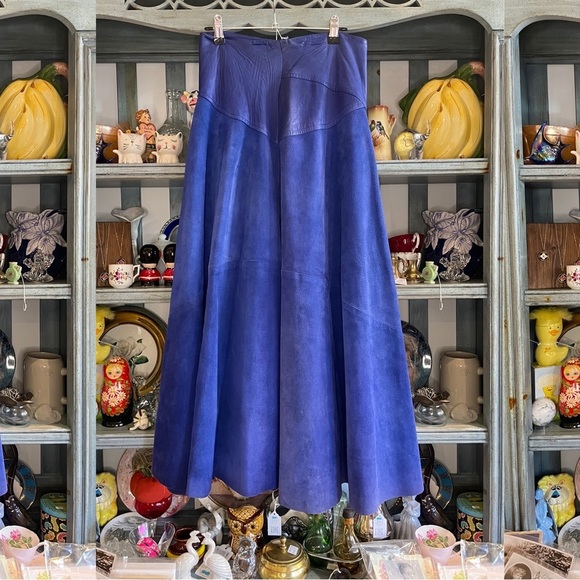 Source Unknown Dresses & Skirts - Vintage 90s bright blue leather and suede long maxi flared skirt size 6